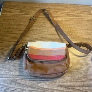 Fossil Preston Flap Tan Multi Leather‎ Expandable Crossbody Shoulder Bag